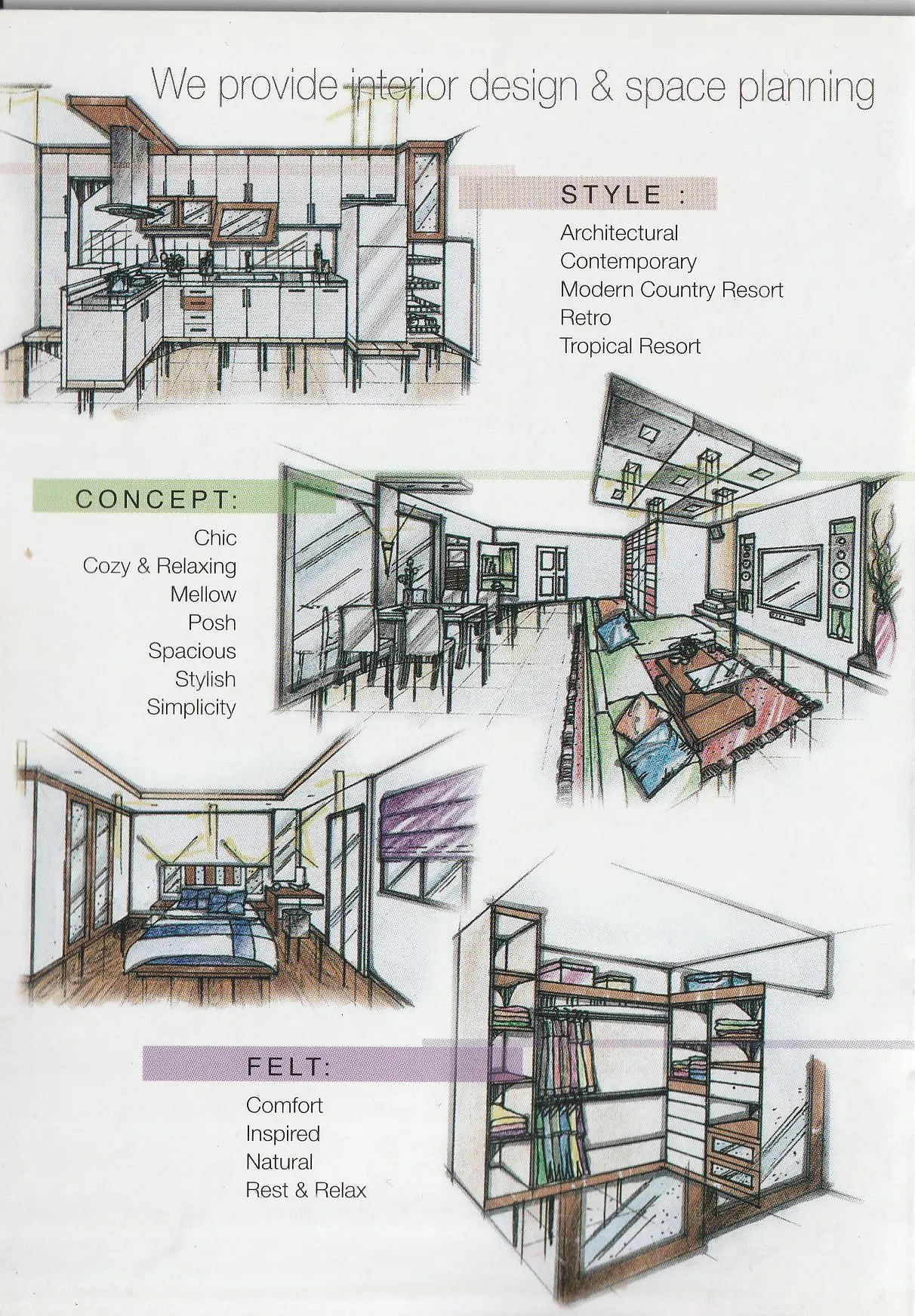 Hand-drawn interior design concept sketches for a bedroom and kitchen with style and mood notes