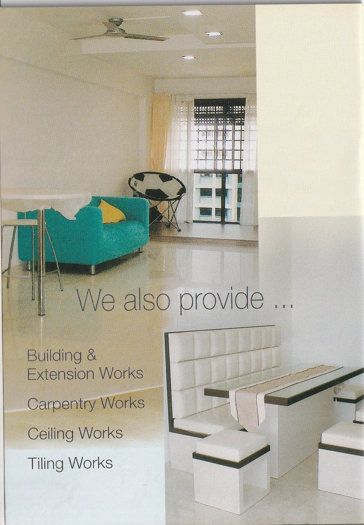 Brochure page listing building & extension, carpentry, and ceiling works with a living room photo