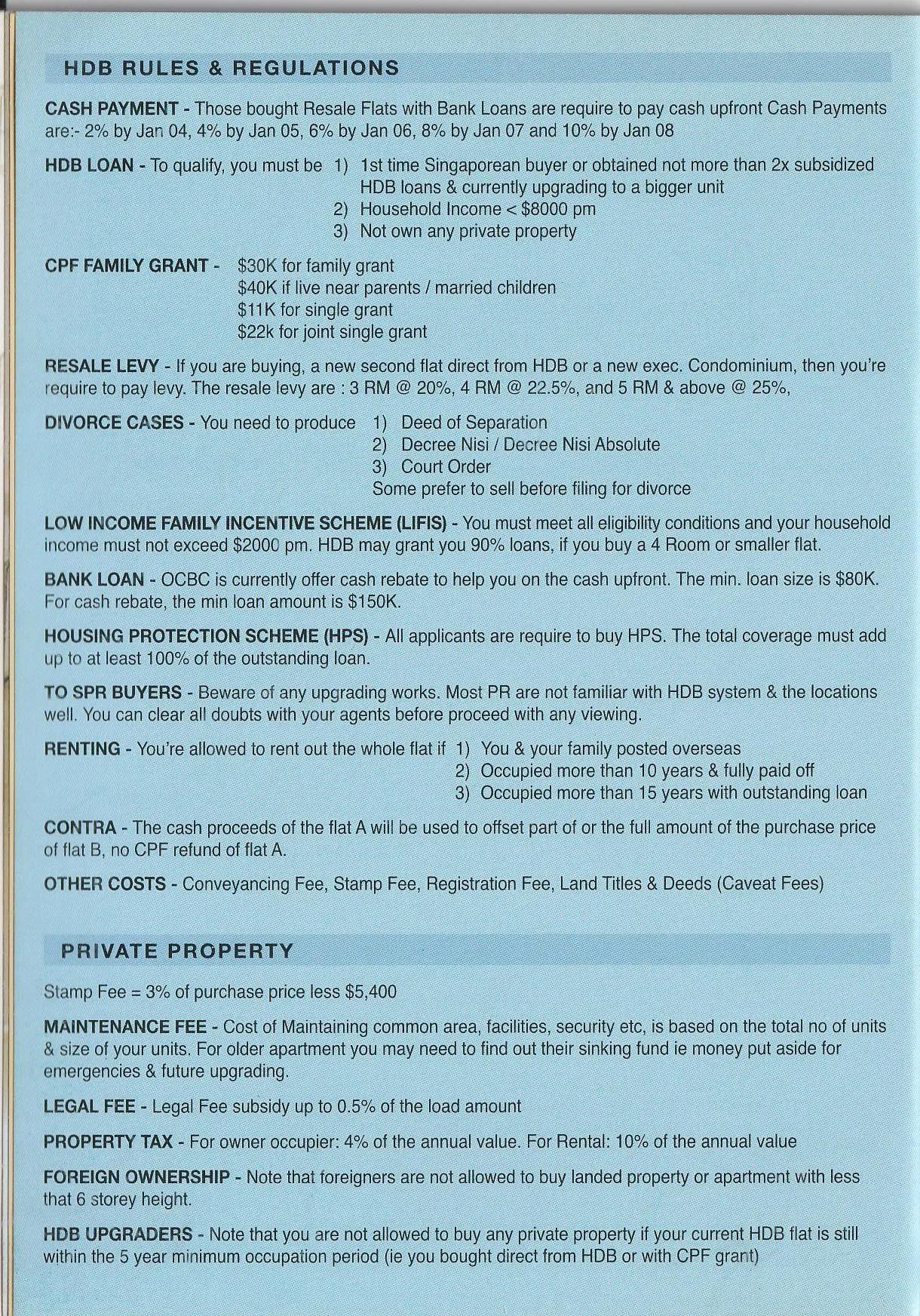 Reference sheet summarising HDB rules and regulations for cash payments, loans, and resale levies