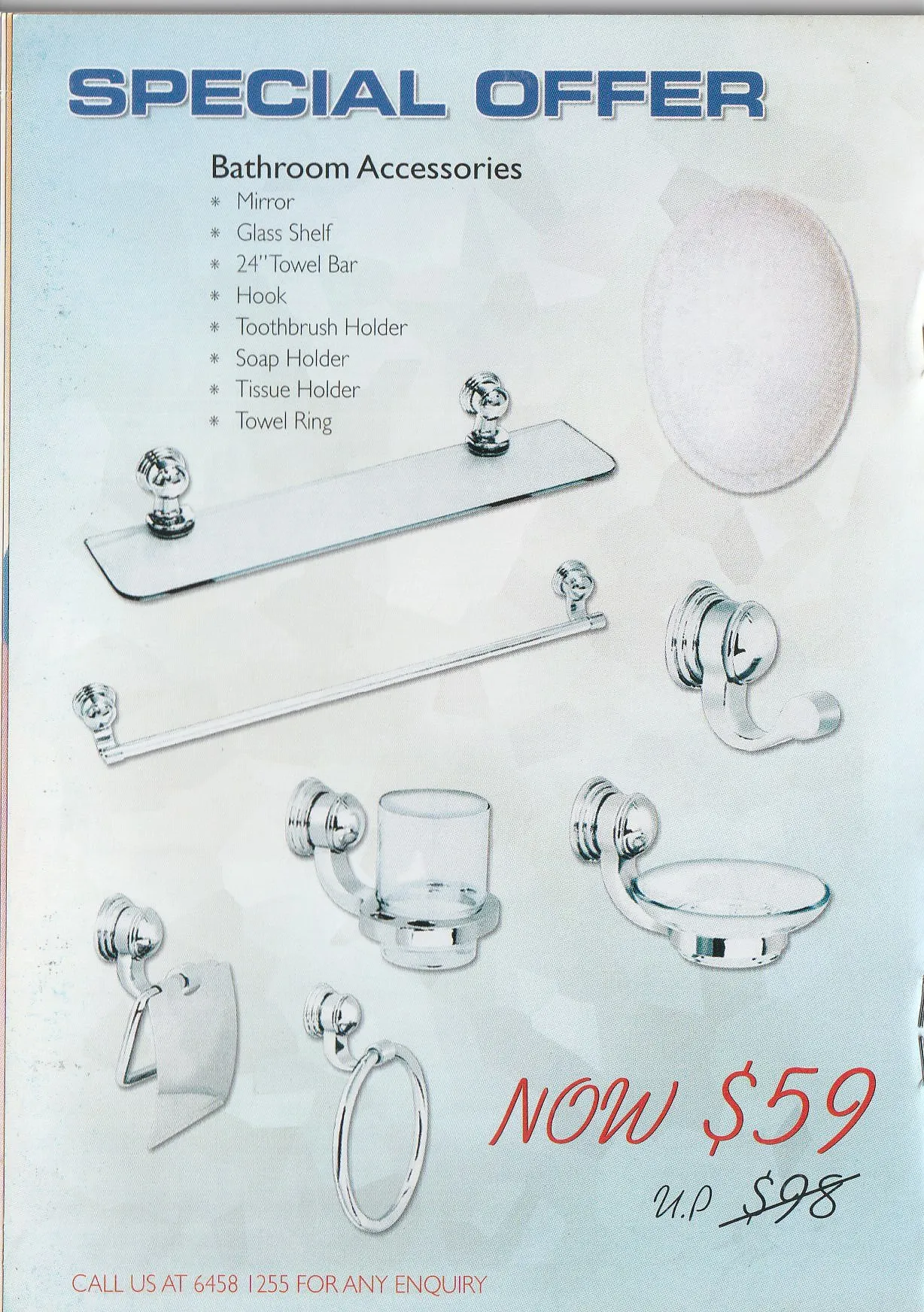 Special offer page for chrome bathroom accessories priced at $59, down from $98