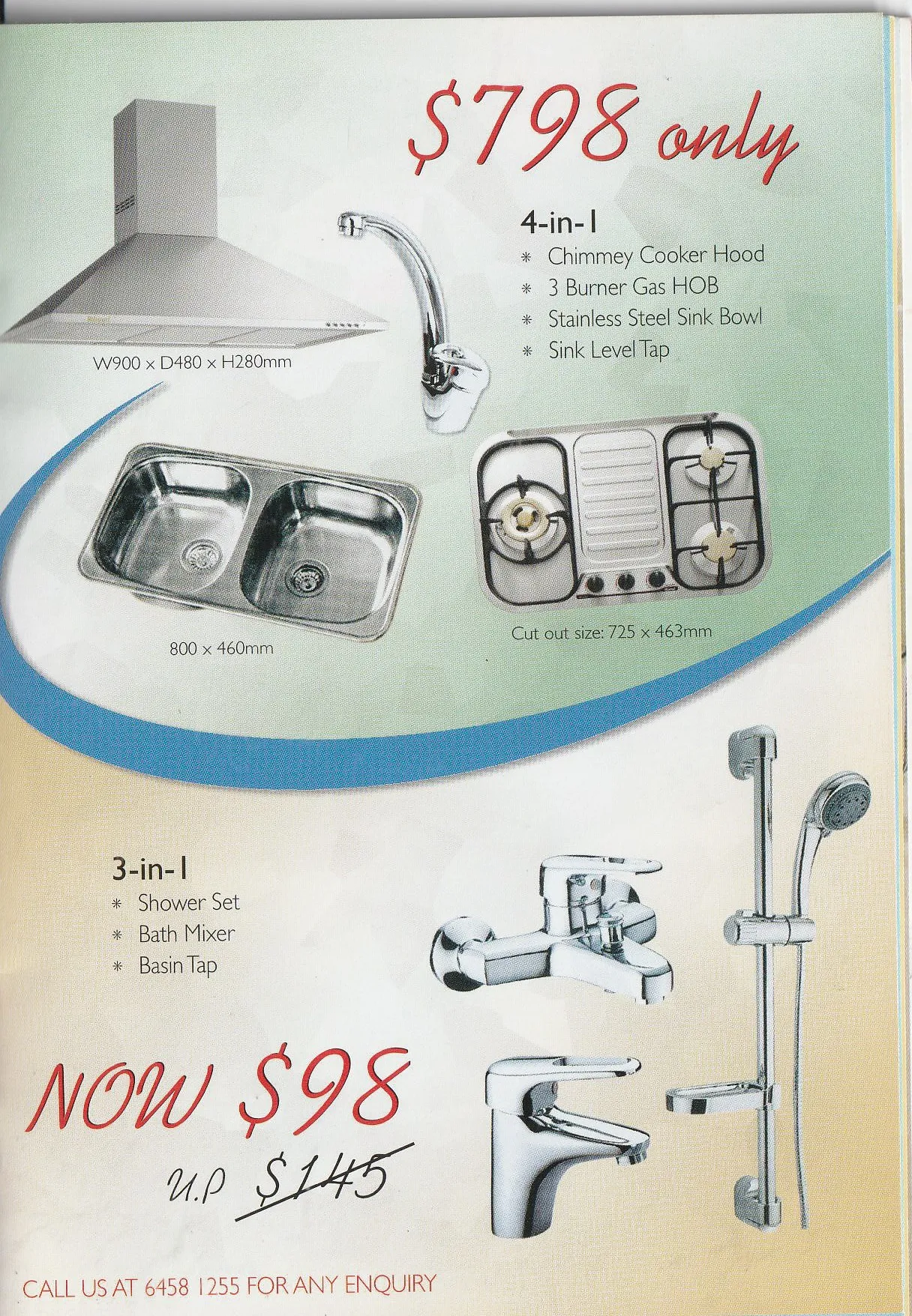 Special offer page for a 3-in-1 shower set at $98 and a 4-in-1 kitchen package at $798